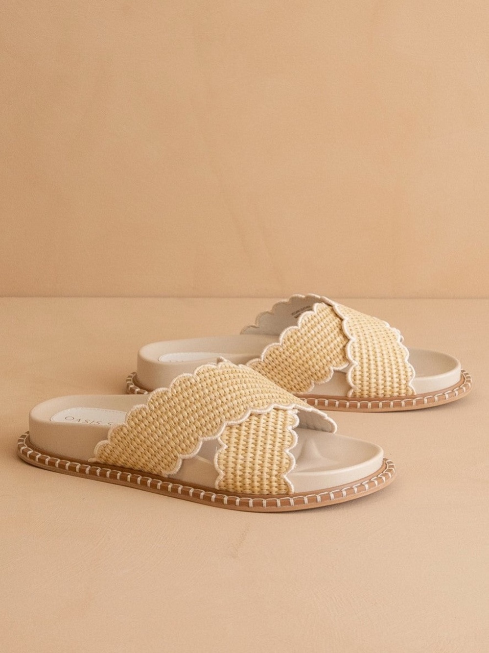 Scalloped Woven Slide Sandals in Beige